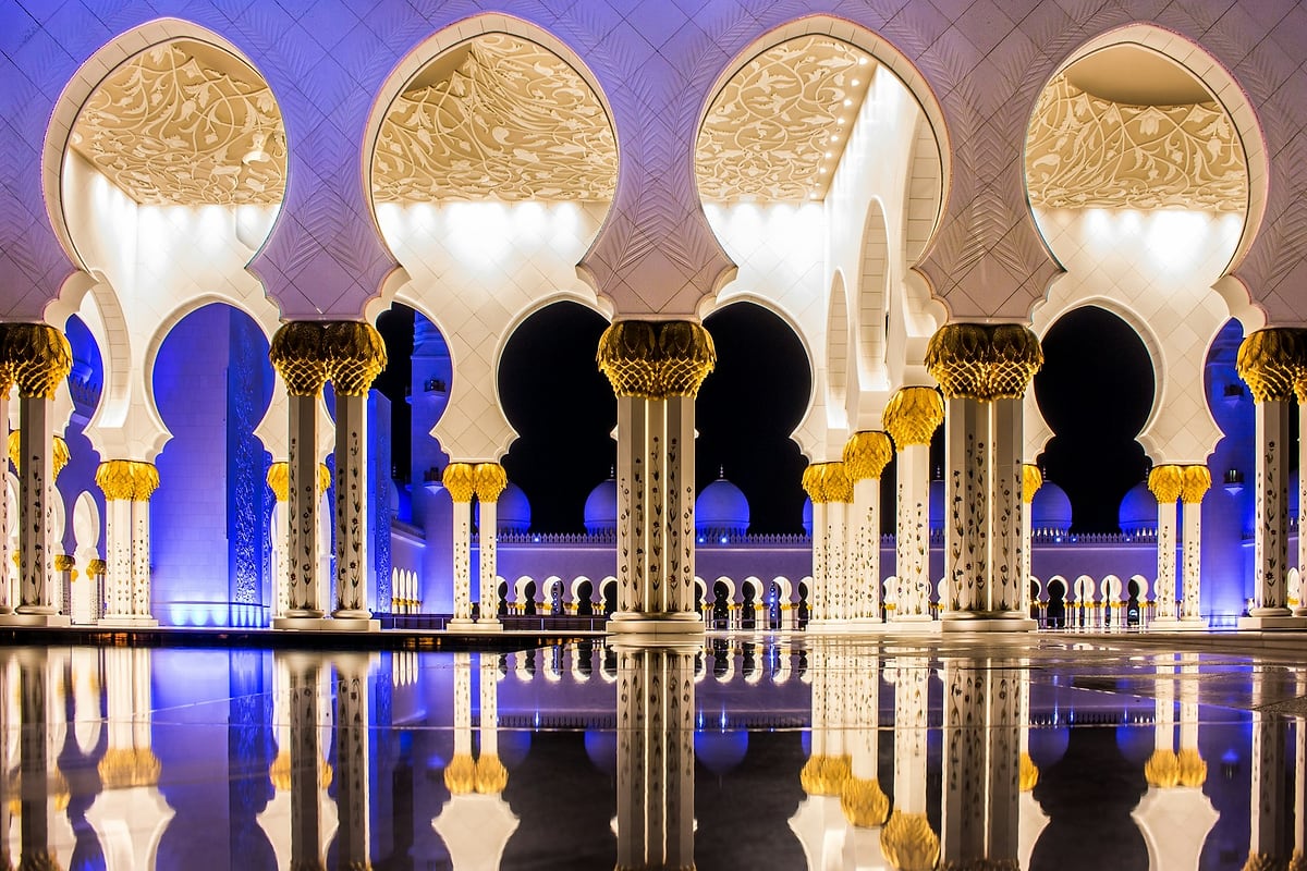 The illuminated arcade of Sheikh Zayed Grand Mosque at night, reflected in the courtyard pools
